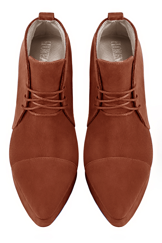 Terracotta orange women's ankle boots with laces at the front. Tapered toe. Very high slim heel with a platform at the front. Top view - Florence KOOIJMAN